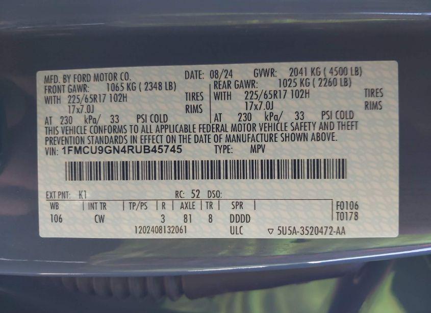 Photo 9 of 2024 Ford Escape ACTIVE (VIN 1FMCU9GN4RUB45745)