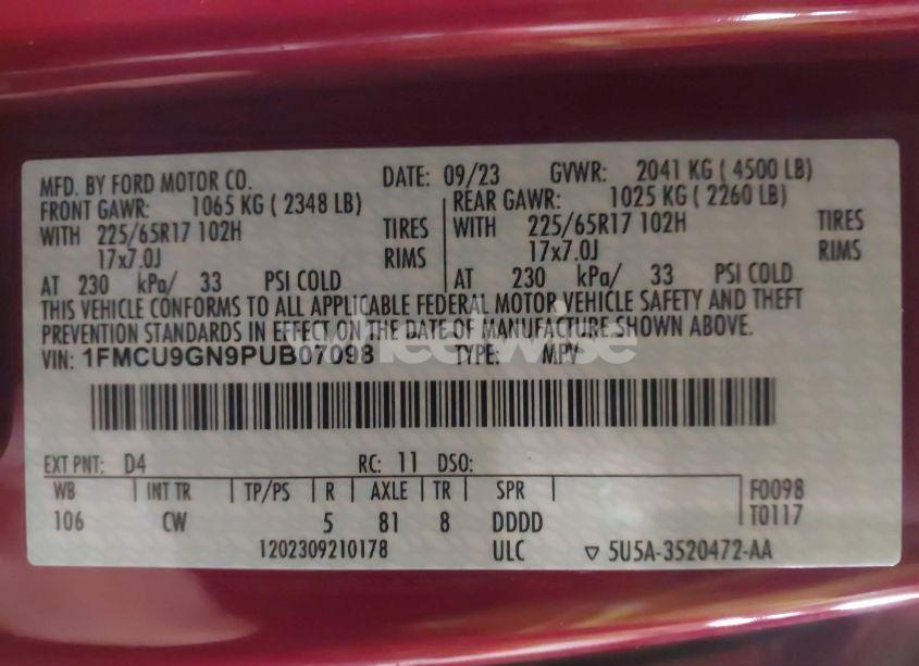 Photo 9 of 2023 Ford Escape ACTIVE (VIN 1FMCU9GN9PUB07098)