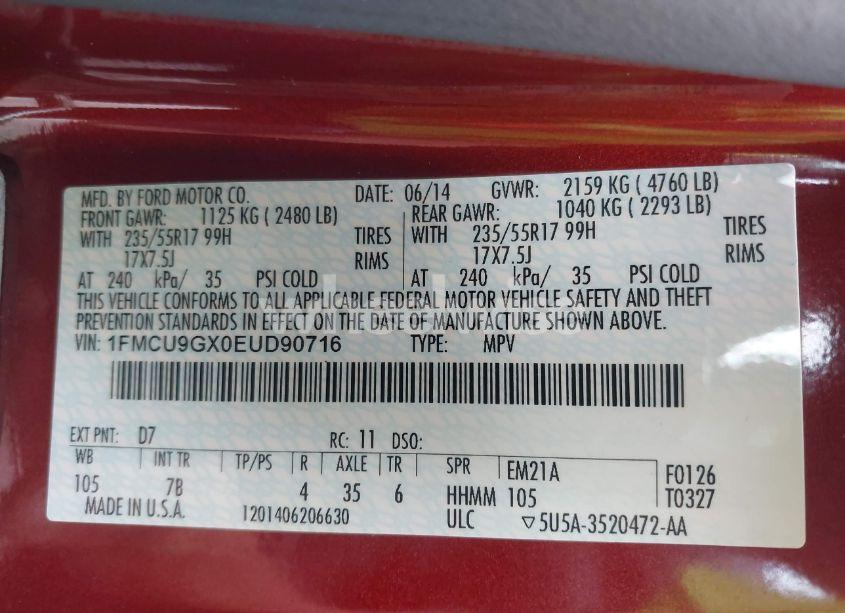 Photo 9 of 2014 Ford Escape SE (VIN 1FMCU9GX0EUD90716)