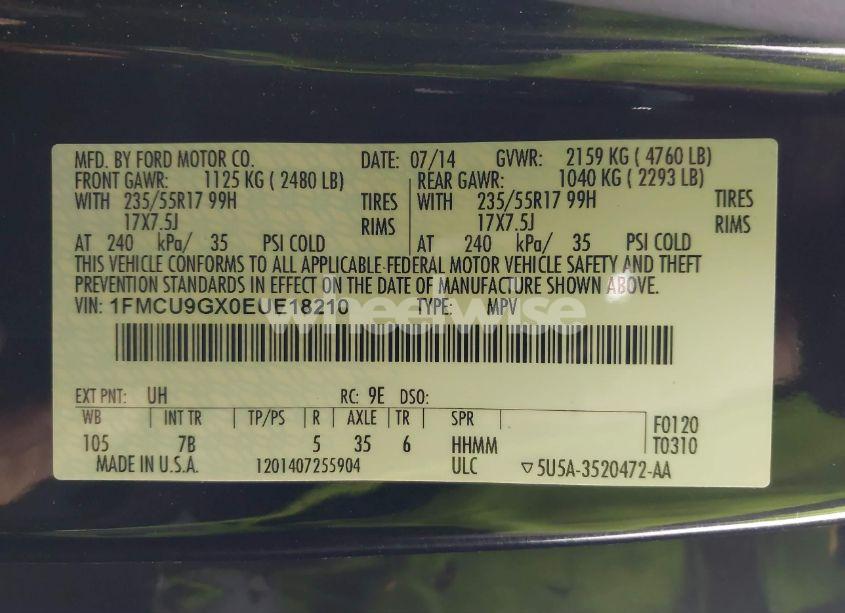 Photo 9 of 2014 Ford Escape SE (VIN 1FMCU9GX0EUE18210)