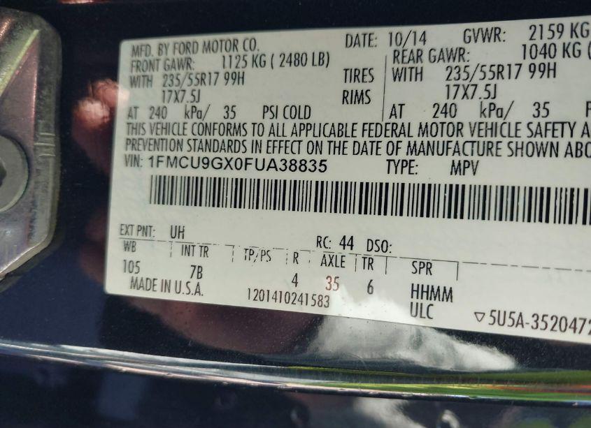 Photo 9 of 2015 Ford Escape SE (VIN 1FMCU9GX0FUA38835)