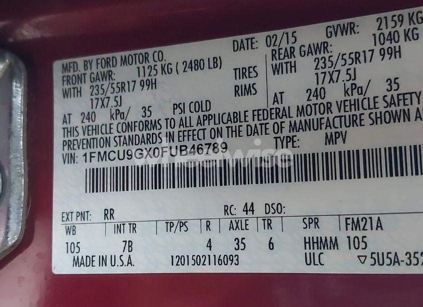 Photo 9 of 2015 Ford Escape SE (VIN 1FMCU9GX0FUB46789)