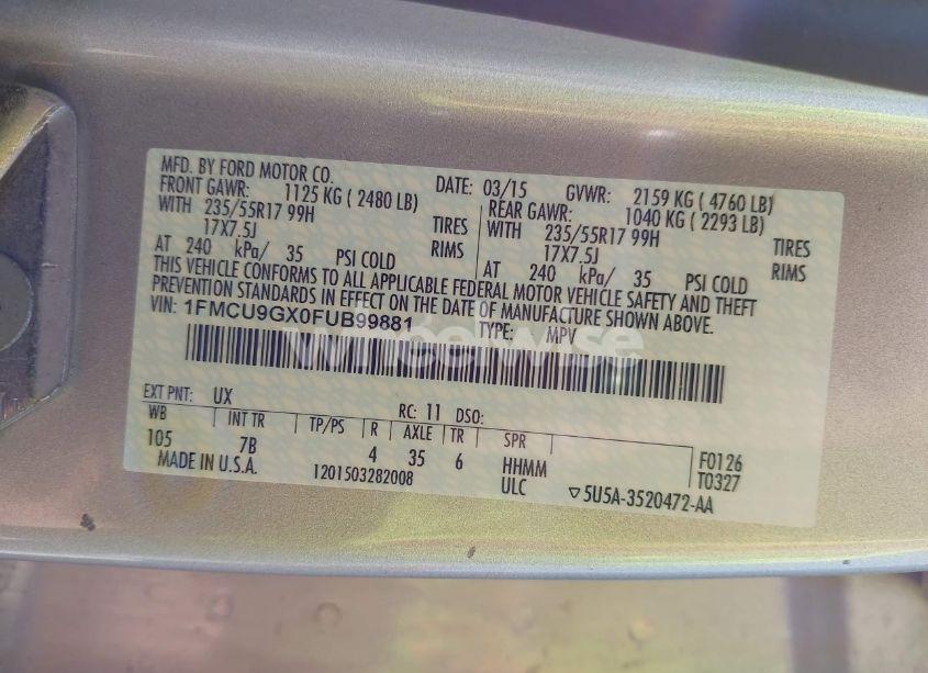 Photo 9 of 2015 Ford Escape SE (VIN 1FMCU9GX0FUB99881)