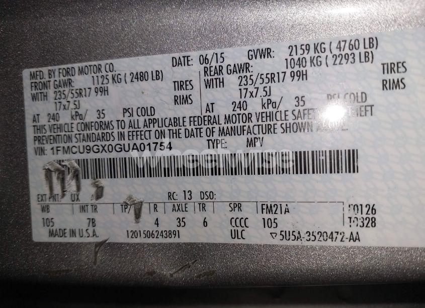 Photo 9 of 2016 Ford Escape SE (VIN 1FMCU9GX0GUA01754)