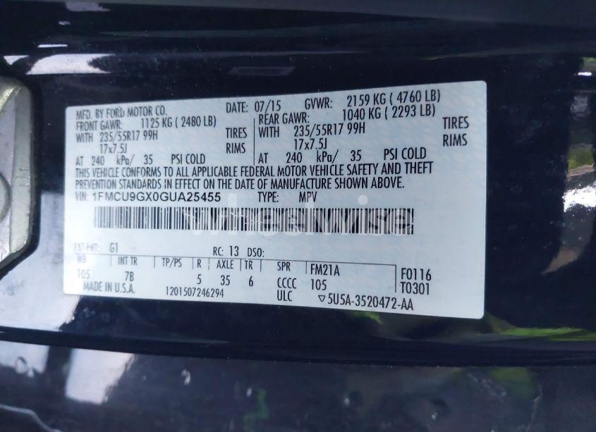 Photo 9 of 2016 Ford Escape SE (VIN 1FMCU9GX0GUA25455)