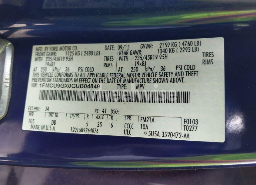 Photo 9 of 2016 Ford Escape SE (VIN 1FMCU9GX0GUB04849)