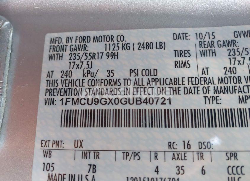 Photo 9 of 2016 Ford Escape SE (VIN 1FMCU9GX0GUB40721)