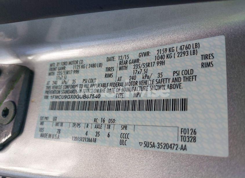 Photo 9 of 2016 Ford Escape SE (VIN 1FMCU9GX0GUB87540)