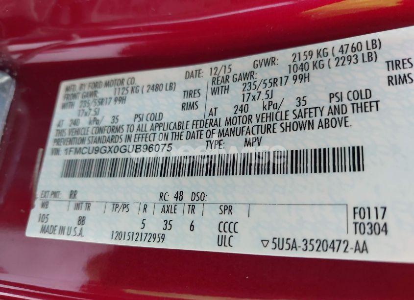 Photo 9 of 2016 Ford Escape SE (VIN 1FMCU9GX0GUB96075)