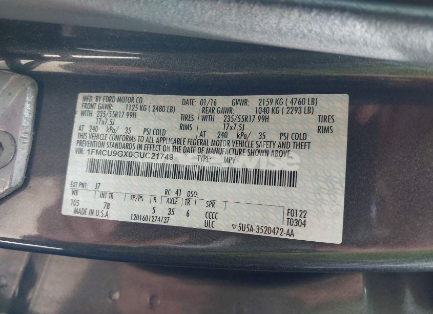 Photo 9 of 2016 Ford Escape SE (VIN 1FMCU9GX0GUC21749)