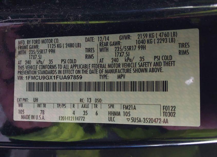 Photo 9 of 2015 Ford Escape SE (VIN 1FMCU9GX1FUA97859)