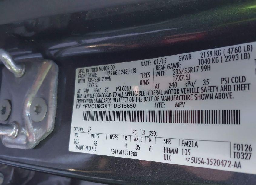 Photo 9 of 2015 Ford Escape SE (VIN 1FMCU9GX1FUB15650)