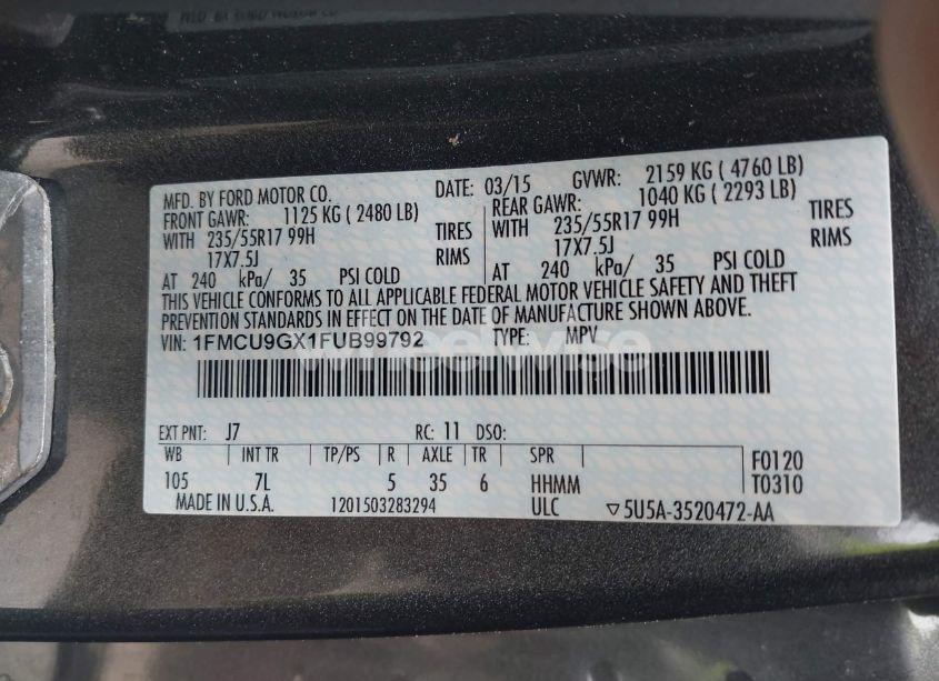 Photo 9 of 2015 Ford Escape SE (VIN 1FMCU9GX1FUB99792)