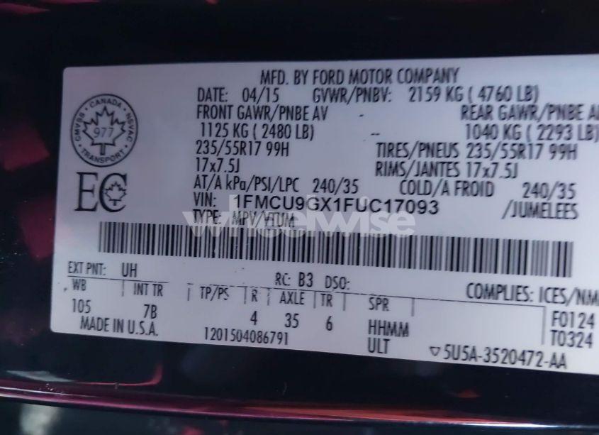 Photo 9 of 2015 Ford Escape SE (VIN 1FMCU9GX1FUC17093)