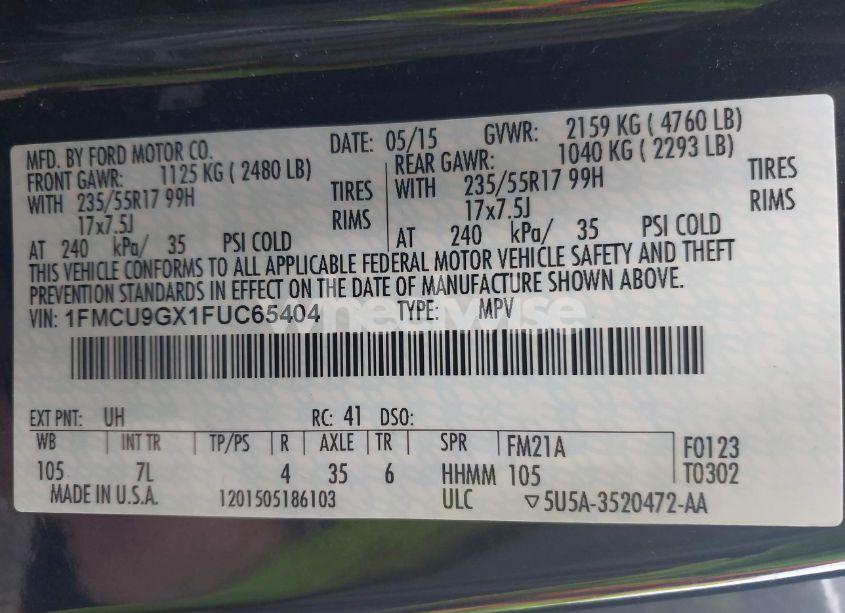 Photo 9 of 2015 Ford Escape SE (VIN 1FMCU9GX1FUC65404)