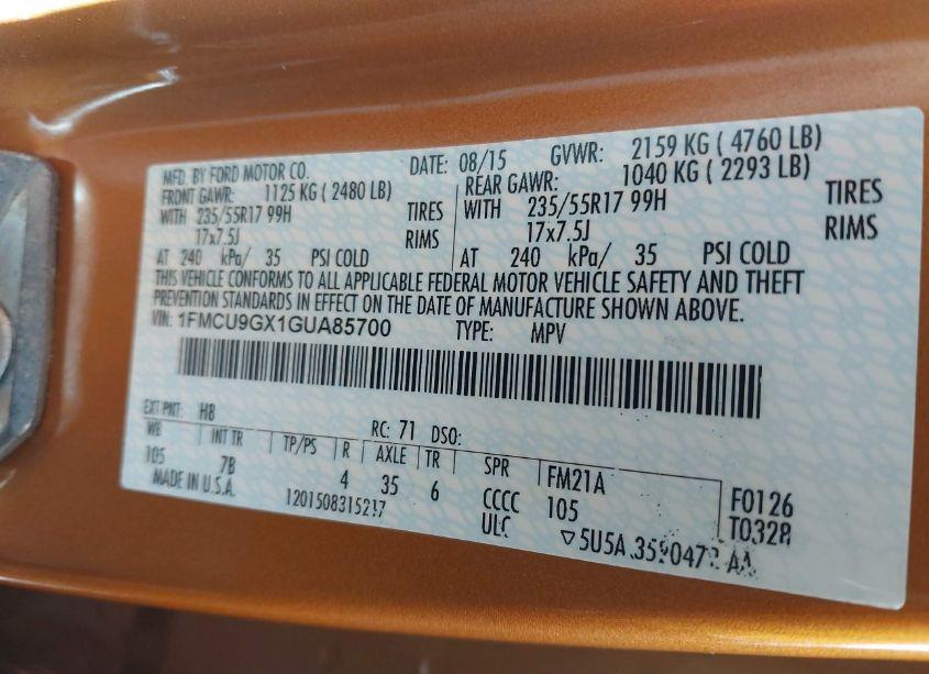 Photo 9 of 2016 Ford Escape SE (VIN 1FMCU9GX1GUA85700)