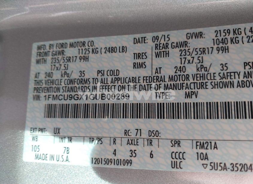 Photo 9 of 2016 Ford Escape SE (VIN 1FMCU9GX1GUB00289)