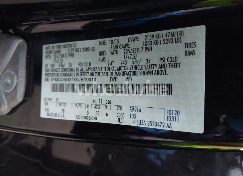 Photo 9 of 2016 Ford Escape SE (VIN 1FMCU9GX1GUB10014)