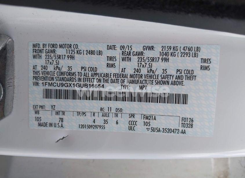 Photo 9 of 2016 Ford Escape SE (VIN 1FMCU9GX1GUB16654)