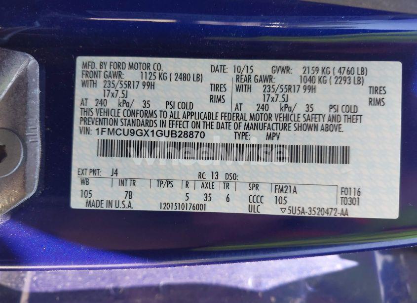 Photo 9 of 2016 Ford Escape SE (VIN 1FMCU9GX1GUB28870)