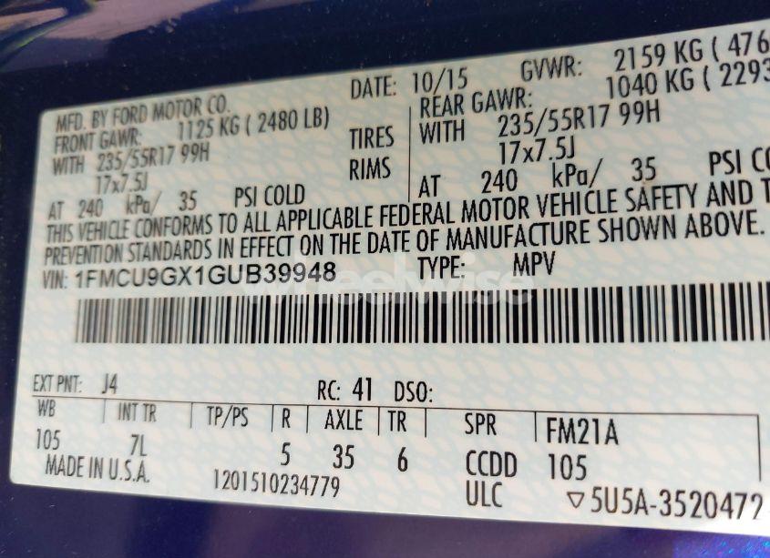 Photo 9 of 2016 Ford Escape SE (VIN 1FMCU9GX1GUB39948)