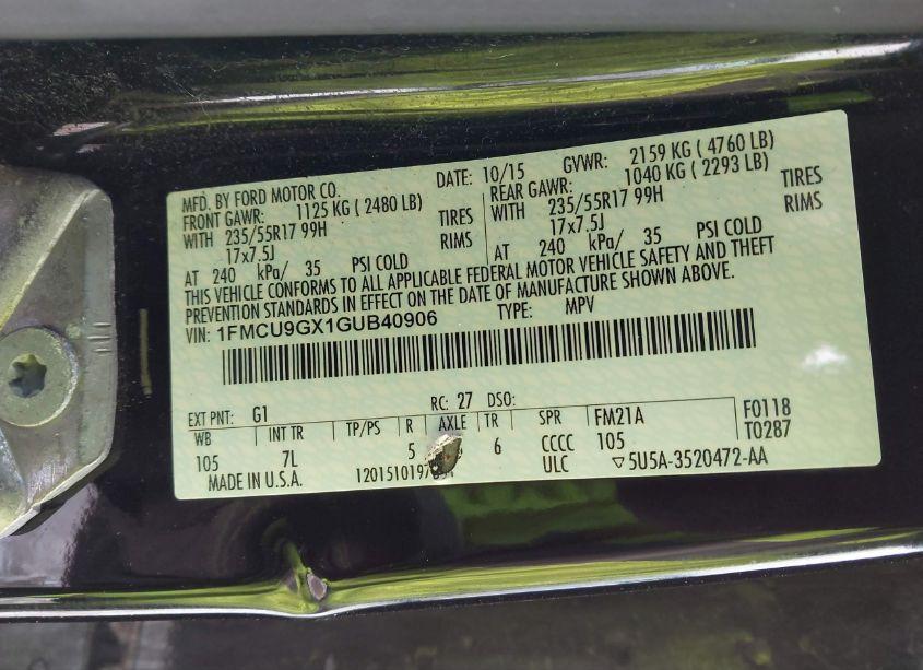 Photo 9 of 2016 Ford Escape SE (VIN 1FMCU9GX1GUB40906)