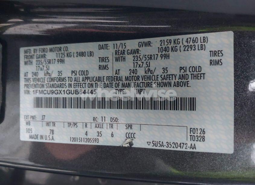 Photo 9 of 2016 Ford Escape SE (VIN 1FMCU9GX1GUB64445)