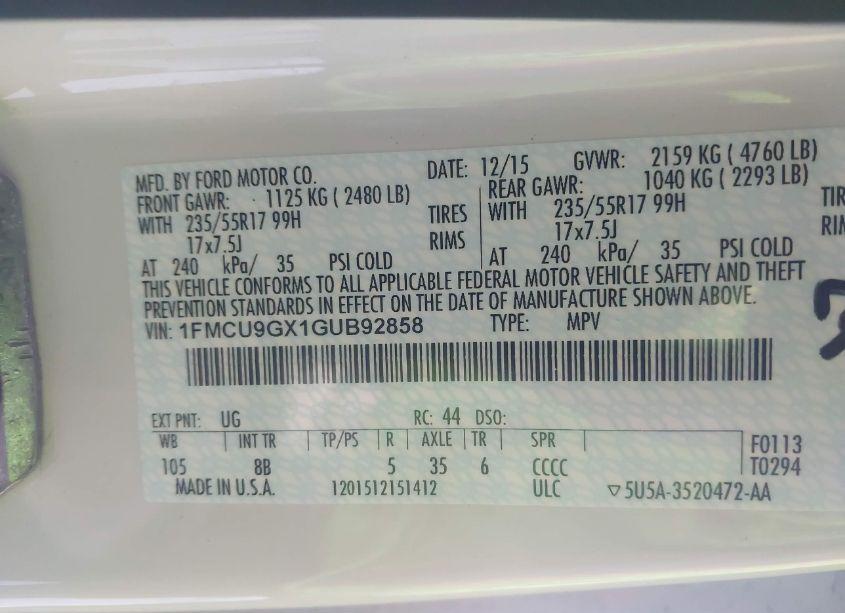 Photo 9 of 2016 Ford Escape SE (VIN 1FMCU9GX1GUB92858)