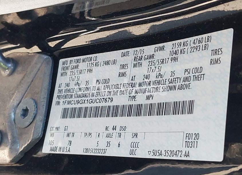 Photo 9 of 2016 Ford Escape SE (VIN 1FMCU9GX1GUC07679)