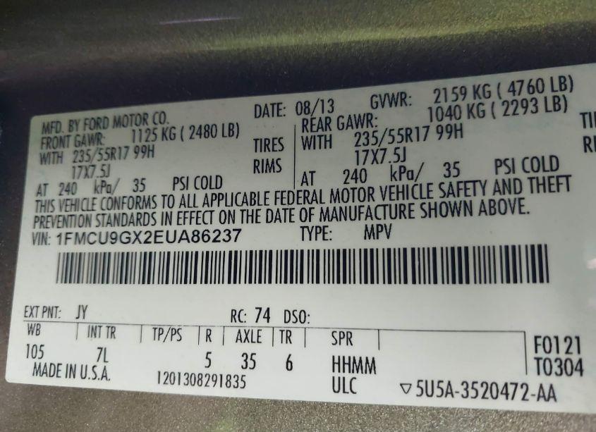 Photo 9 of 2014 Ford Escape SE (VIN 1FMCU9GX2EUA86237)