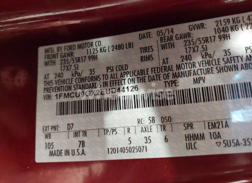 Photo 9 of 2014 Ford Escape SE (VIN 1FMCU9GX2EUD44126)