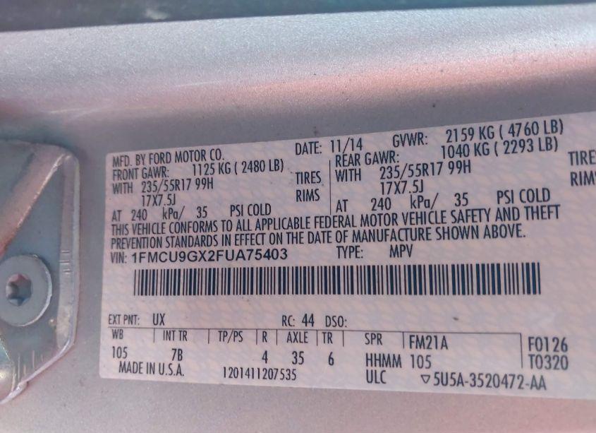 Photo 9 of 2015 Ford Escape SE (VIN 1FMCU9GX2FUA75403)