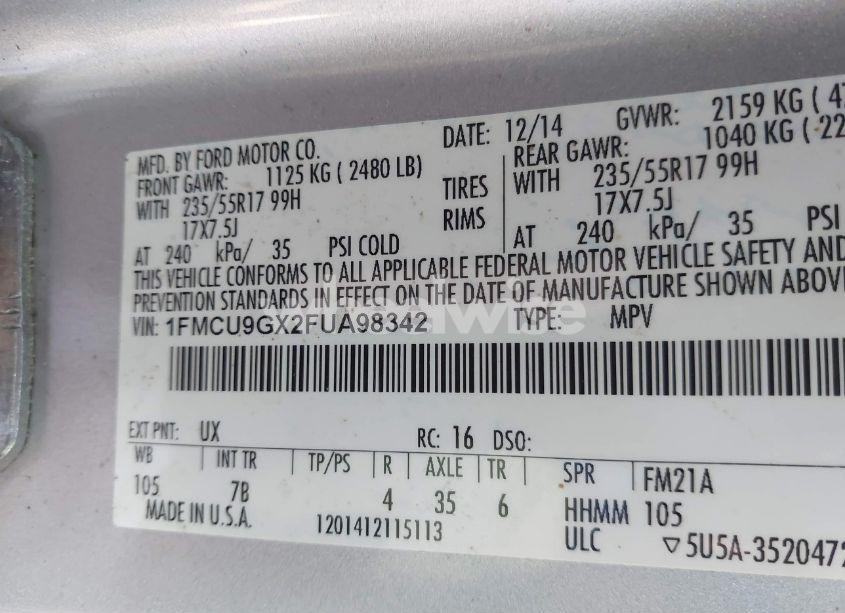 Photo 9 of 2015 Ford Escape SE (VIN 1FMCU9GX2FUA98342)