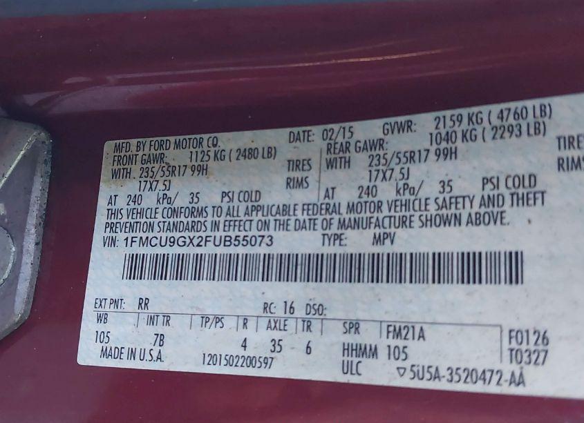 Photo 9 of 2015 Ford Escape SE (VIN 1FMCU9GX2FUB55073)