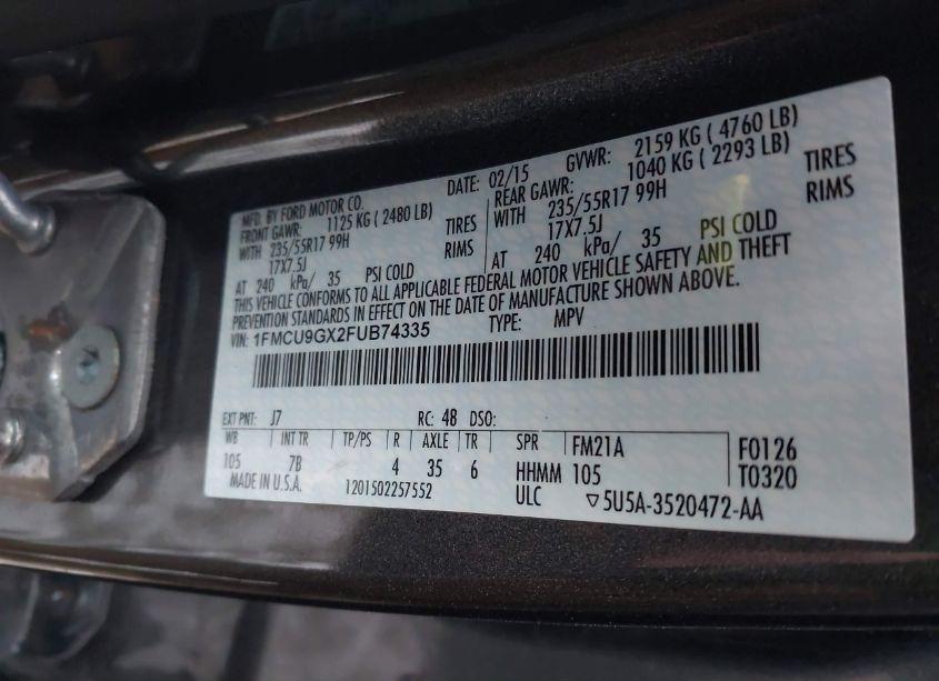 Photo 9 of 2015 Ford Escape SE (VIN 1FMCU9GX2FUB74335)