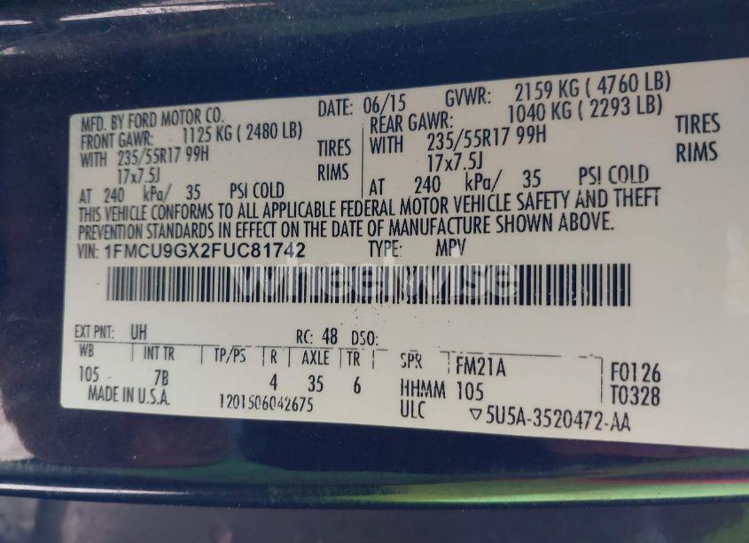 Photo 9 of 2015 Ford Escape SE (VIN 1FMCU9GX2FUC81742)