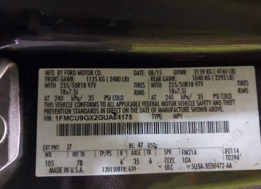 Photo 9 of 2016 Ford Escape SE (VIN 1FMCU9GX2GUA64175)