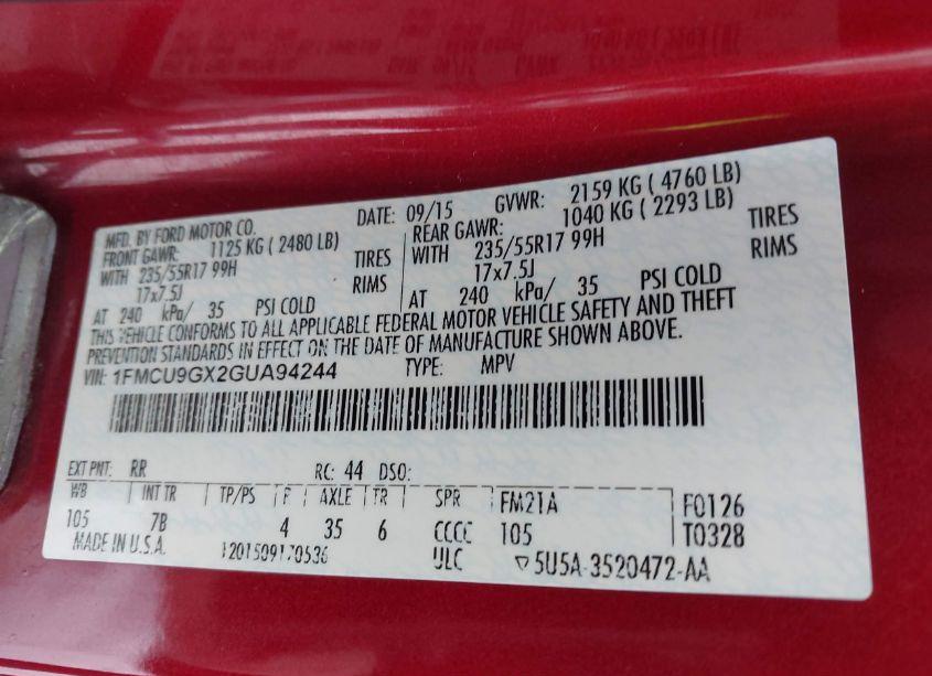 Photo 9 of 2016 Ford Escape SE (VIN 1FMCU9GX2GUA94244)