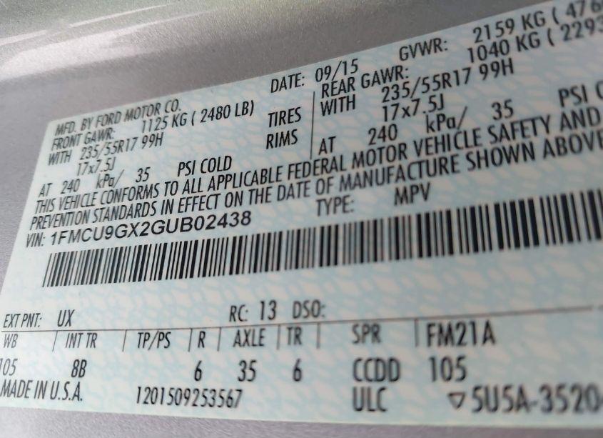 Photo 9 of 2016 Ford Escape SE (VIN 1FMCU9GX2GUB02438)