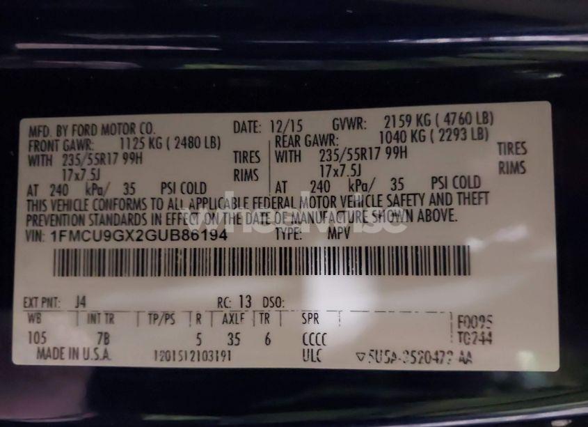 Photo 9 of 2016 Ford Escape SE (VIN 1FMCU9GX2GUB86194)