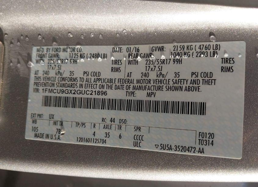 Photo 9 of 2016 Ford Escape SE (VIN 1FMCU9GX2GUC21896)