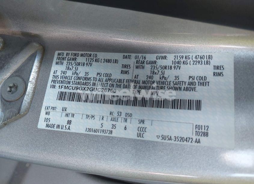 Photo 9 of 2016 Ford Escape SE (VIN 1FMCU9GX2GUC26760)