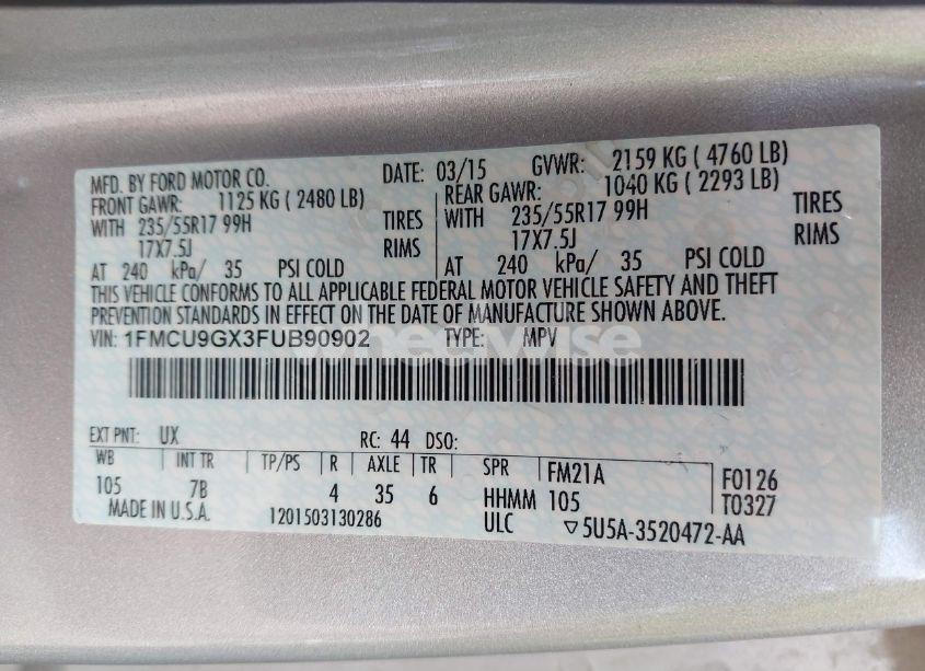 Photo 9 of 2015 Ford Escape SE (VIN 1FMCU9GX3FUB90902)