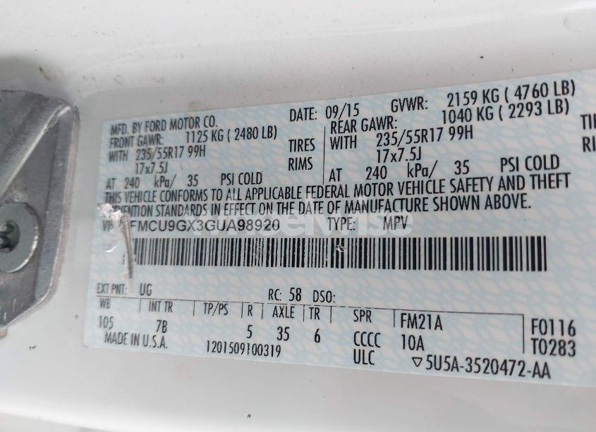 Photo 9 of 2016 Ford Escape SE (VIN 1FMCU9GX3GUA98920)