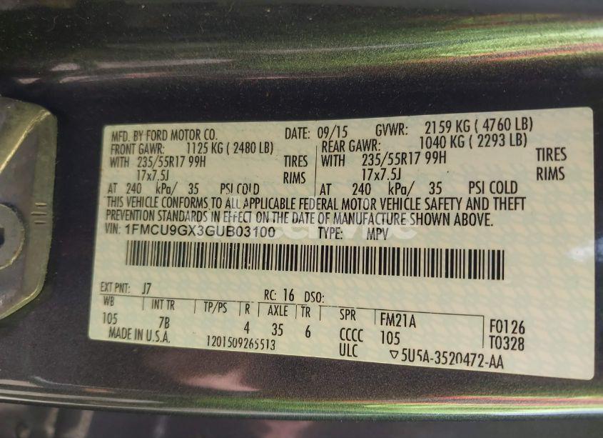 Photo 9 of 2016 Ford Escape SE (VIN 1FMCU9GX3GUB03100)