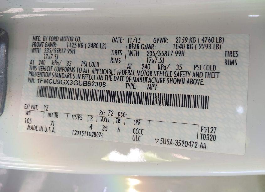 Photo 9 of 2016 Ford Escape SE (VIN 1FMCU9GX3GUB62308)