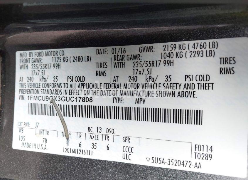 Photo 9 of 2016 Ford Escape SE (VIN 1FMCU9GX3GUC17808)