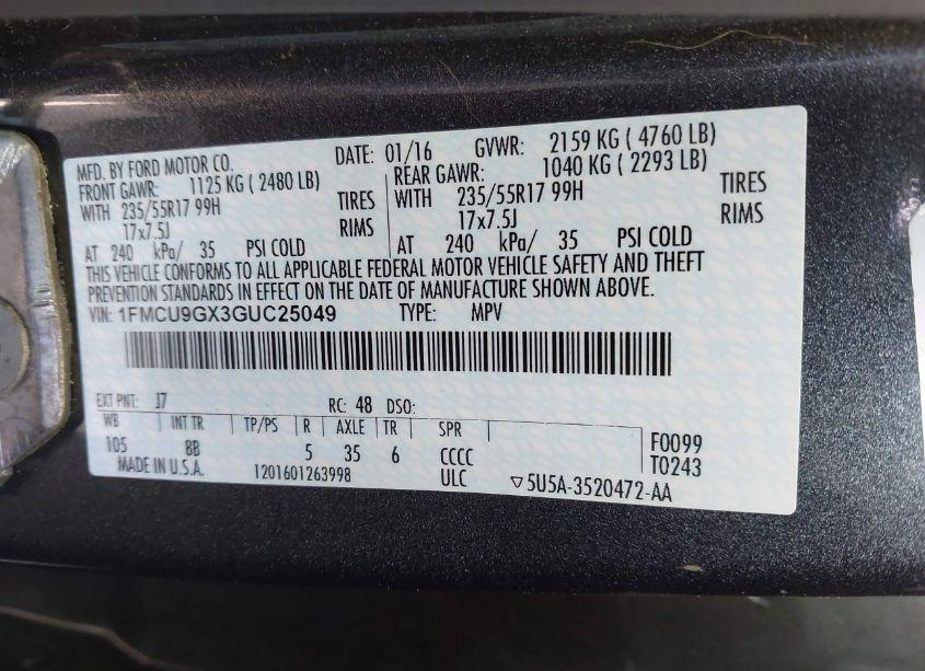 Photo 9 of 2016 Ford Escape SE (VIN 1FMCU9GX3GUC25049)