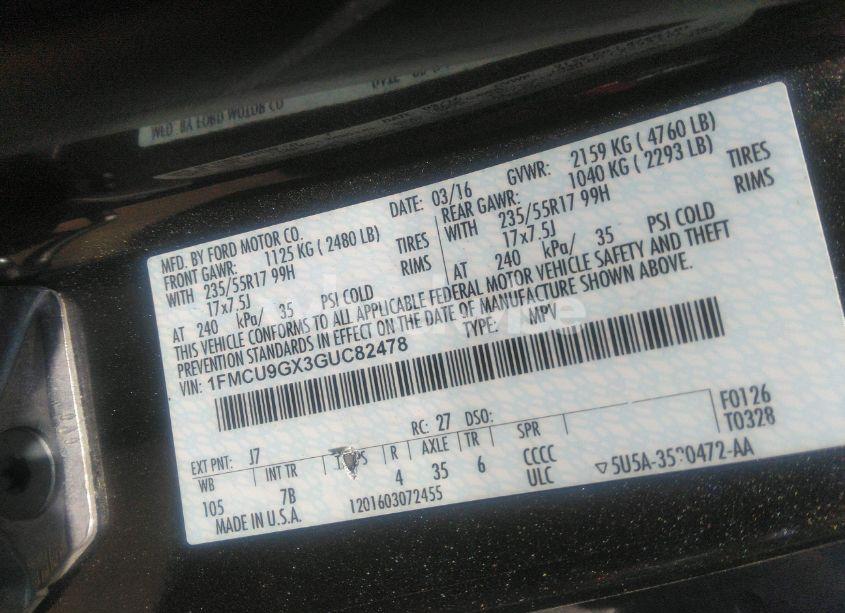 Photo 9 of 2016 Ford Escape SE (VIN 1FMCU9GX3GUC82478)