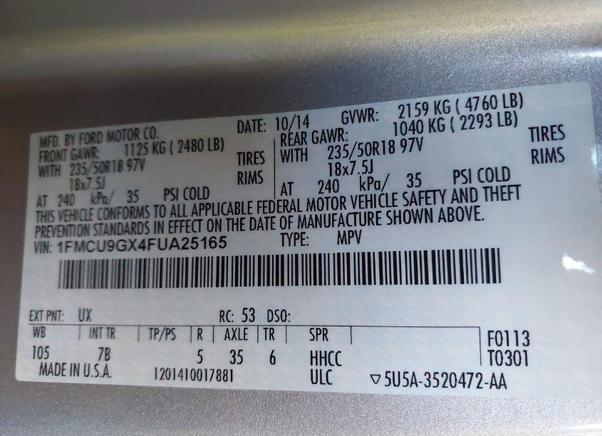 Photo 9 of 2015 Ford Escape SE (VIN 1FMCU9GX4FUA25165)